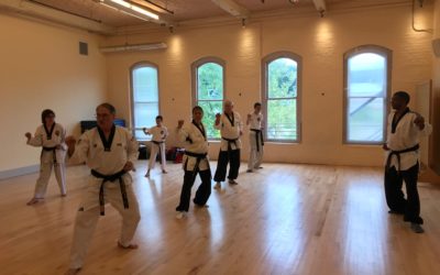 A group of people in a studio taking a Taekwondo class. They lunge and gesture with their right hands. All wear white clothing with various colored belts.