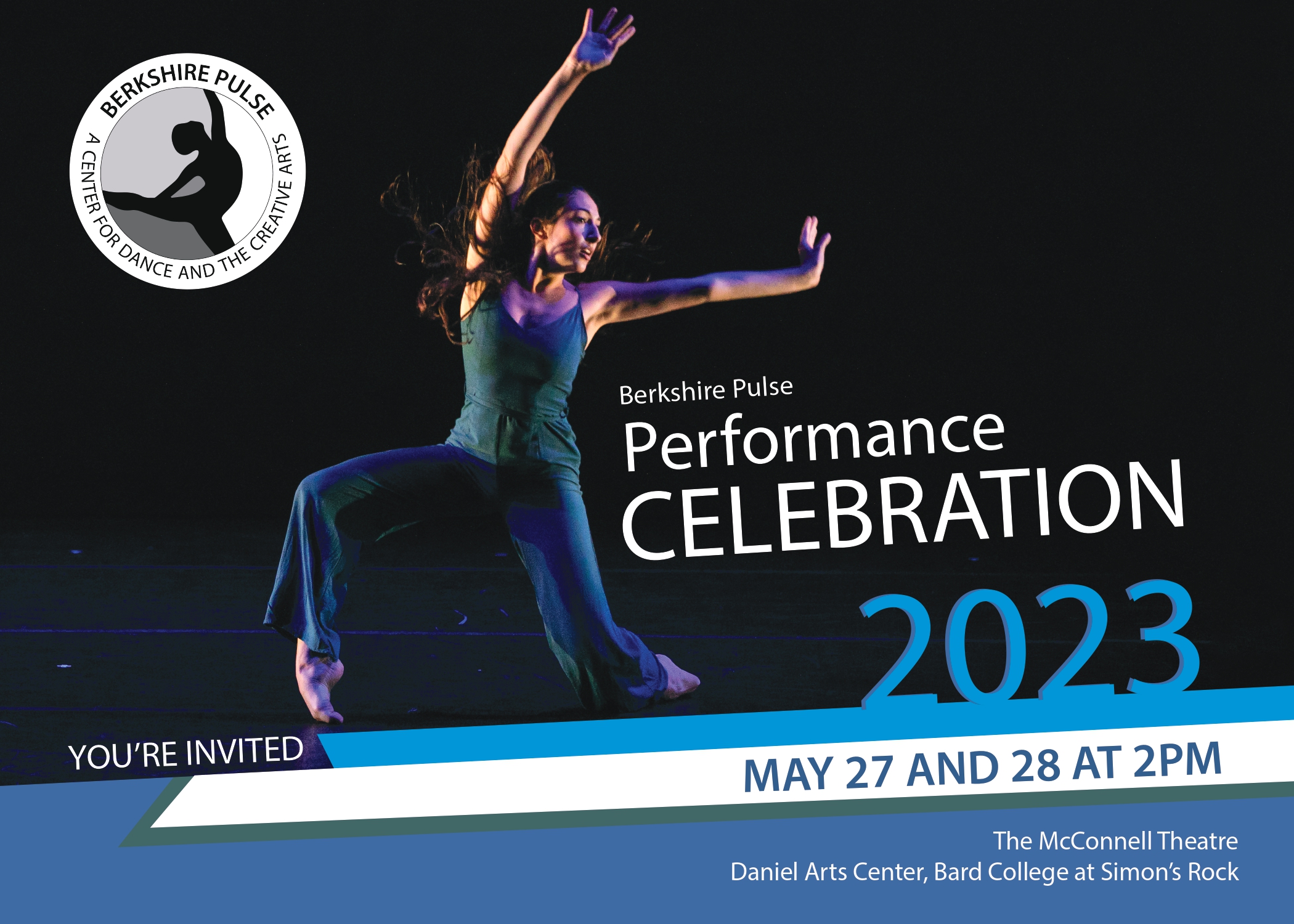 A graphic with an invitation to Berkshire Pulse's Annual Celebration on May 27 & 28 at the Daniel Arts Center at Simon's Rock.