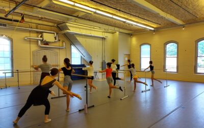 Group of dancers are standing next to ballet bars with a teacher instructing