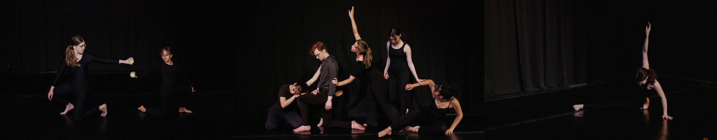 Three horizontal photos of young dancers wearing black in front of a black backdrop; in the first, two dancers lunge away from each other and look back over their shoulder, reaching with a tennis ball toward each other. In the second, five dancers create a triangular shape where the middle dancer reaches upward. In the last, a dancer slides to the ground, extending her top arm.